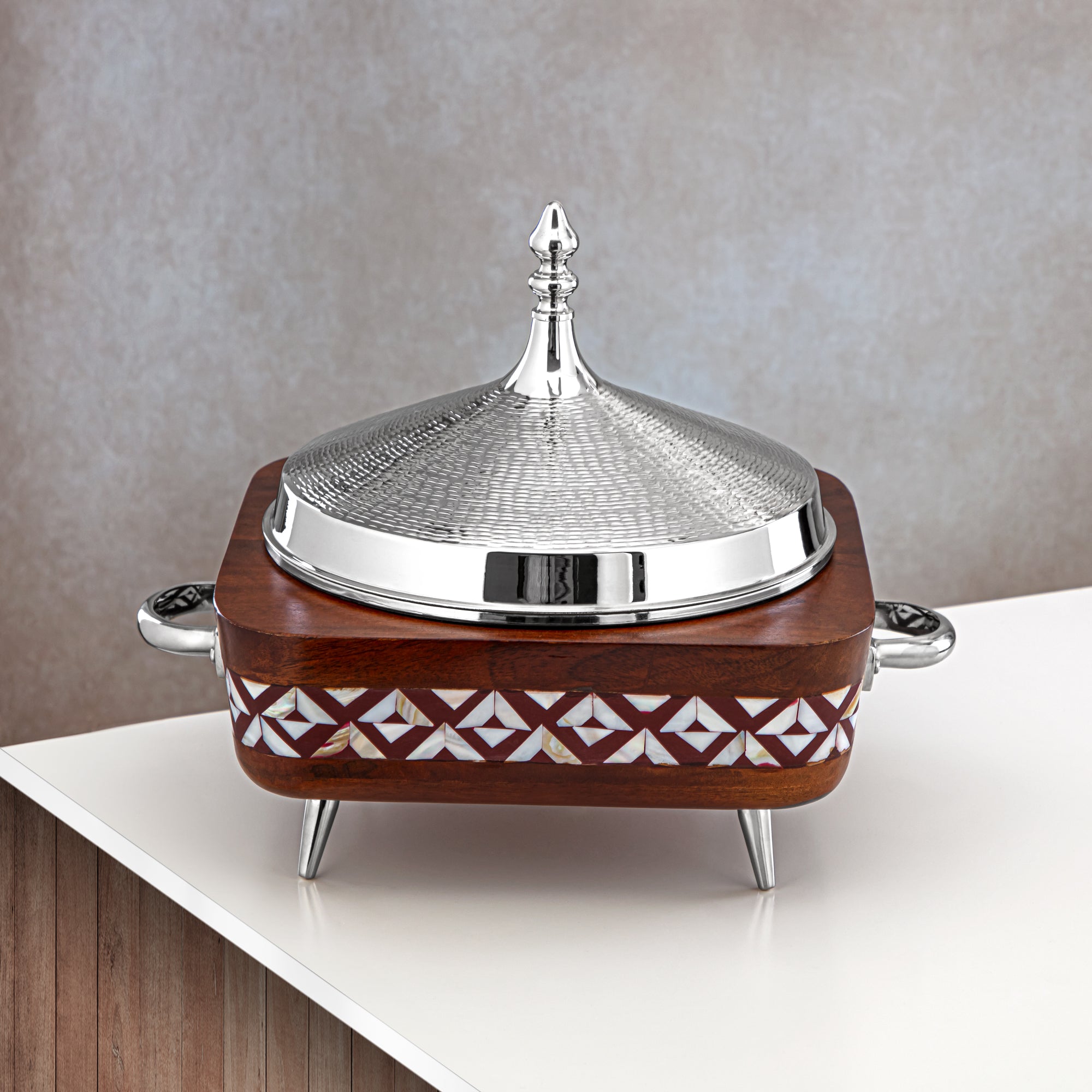 Almarjan 28 CM Brass Hot Pot Wood & Silver - MD-0433 B