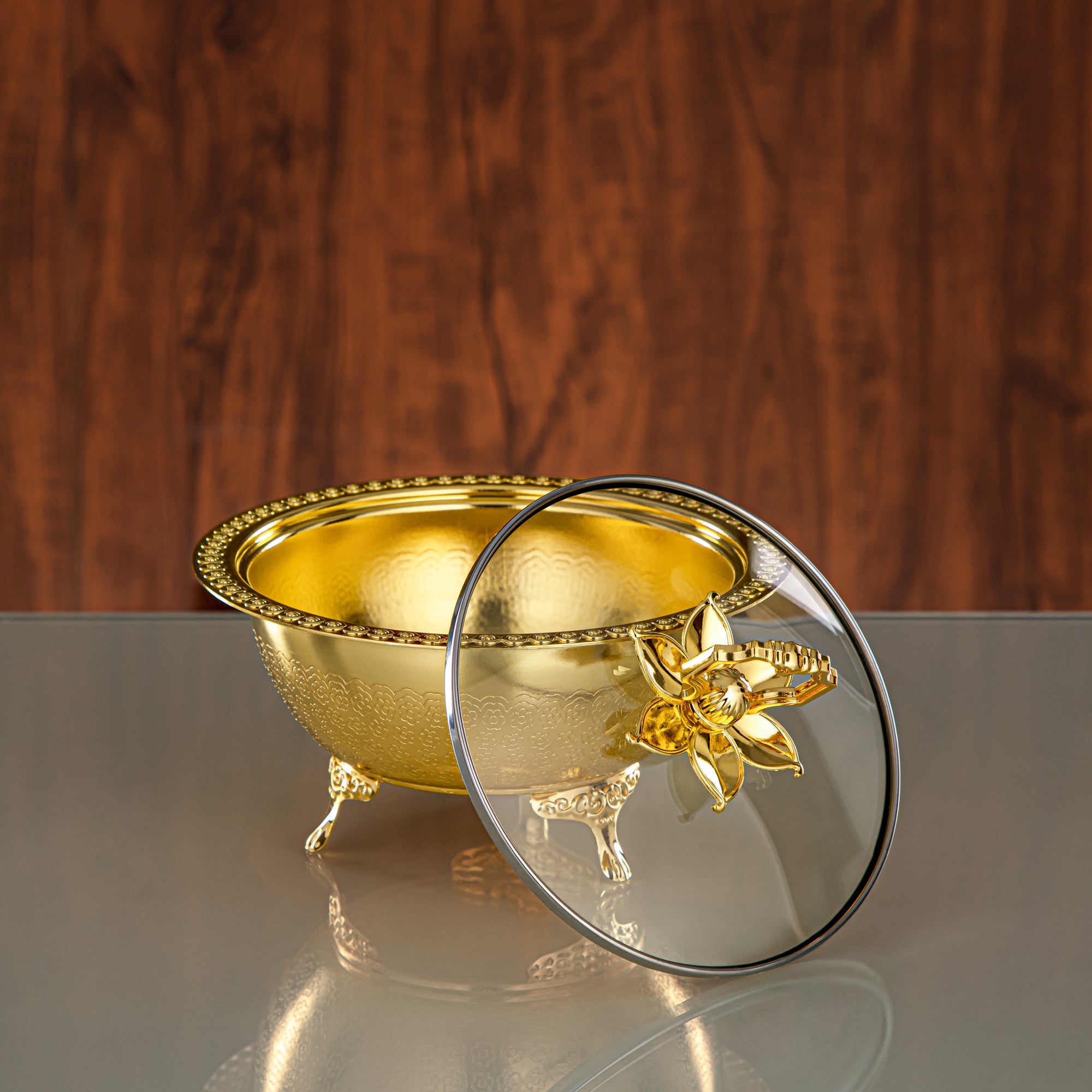 Almarjan Brushed Gold Date Bowl with Glass Cover – 18 CM