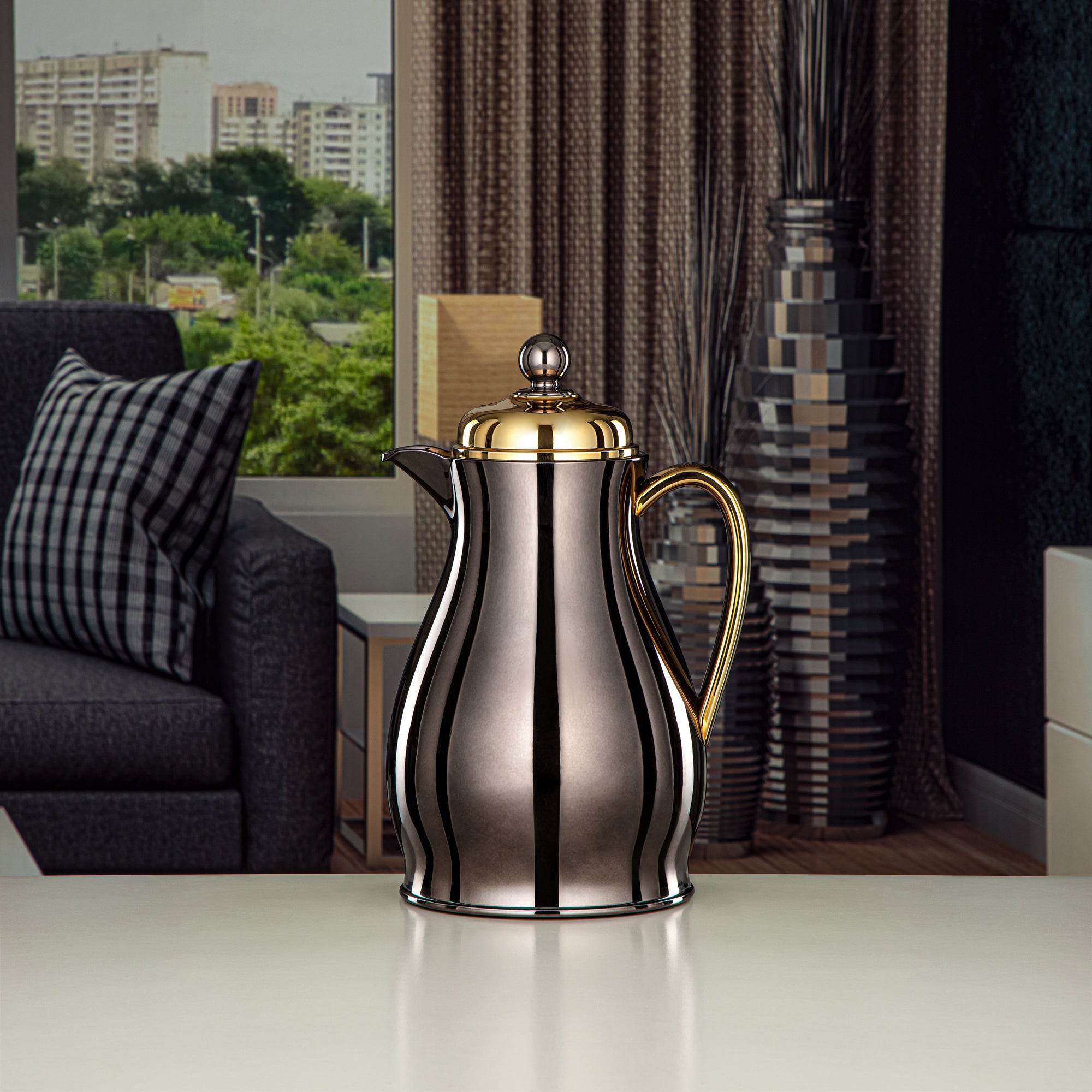 ترمس المرجان بهيكل معدني مع عبوة زجاجية سعة 0.5L بلون نيكل أسود وذهبي (RPA-050-NBKG) – مجموعة أناقة يومية