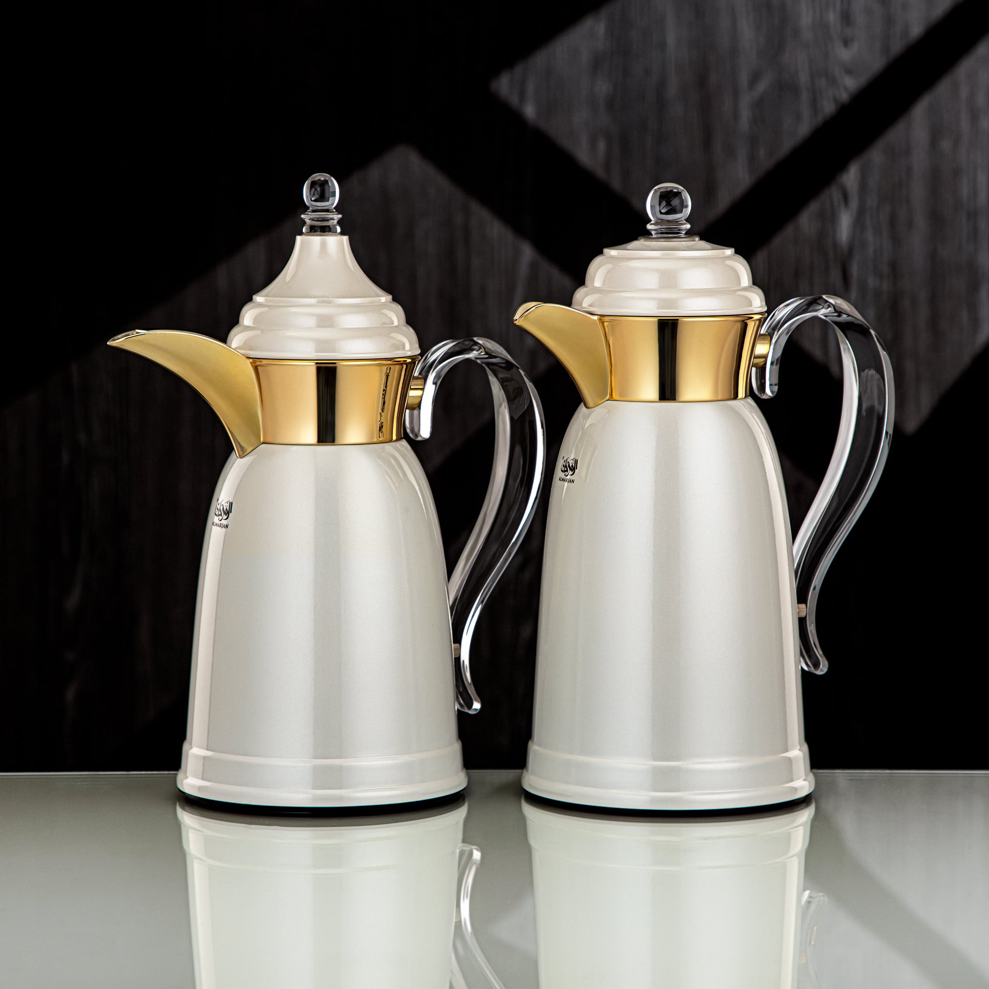 Almarjan Vacuum Flask Set - 0.7L & 1L, Pearl White & Gold Finish, Metal (SM-2A29-070/100 PW/G) - Classic, Tea & Coffee