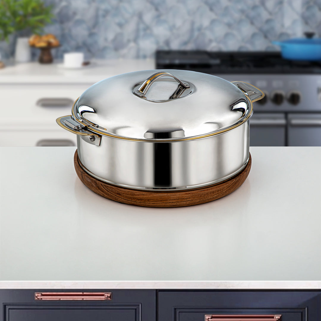 Almarjan 3500 ML Larin Collection Stainless Steel Hot Pot Silver & Wood - H24PG5