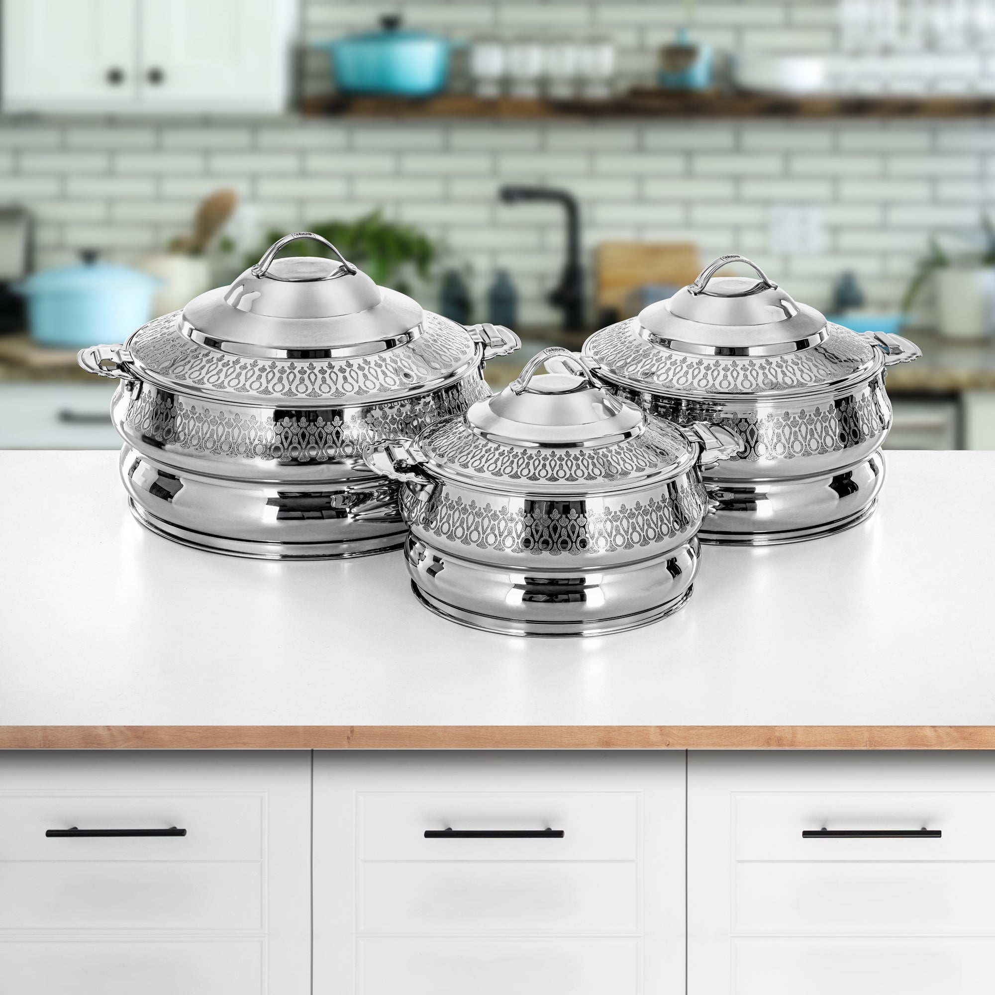 Almarjan Hot Pot Set 3-Pieces Stainless Steel, Silver, (H24E8) - Kawakeb Collection, Family Gatherings