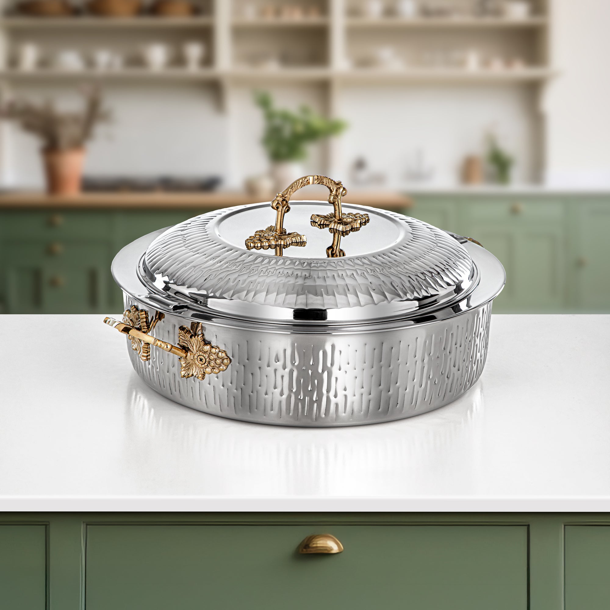 Almarjan Hot Pot Stainless Steel, Silver & Gold, Brass Handle 35CM (H25MG00) - Areej Collection, Ramadan & Eid