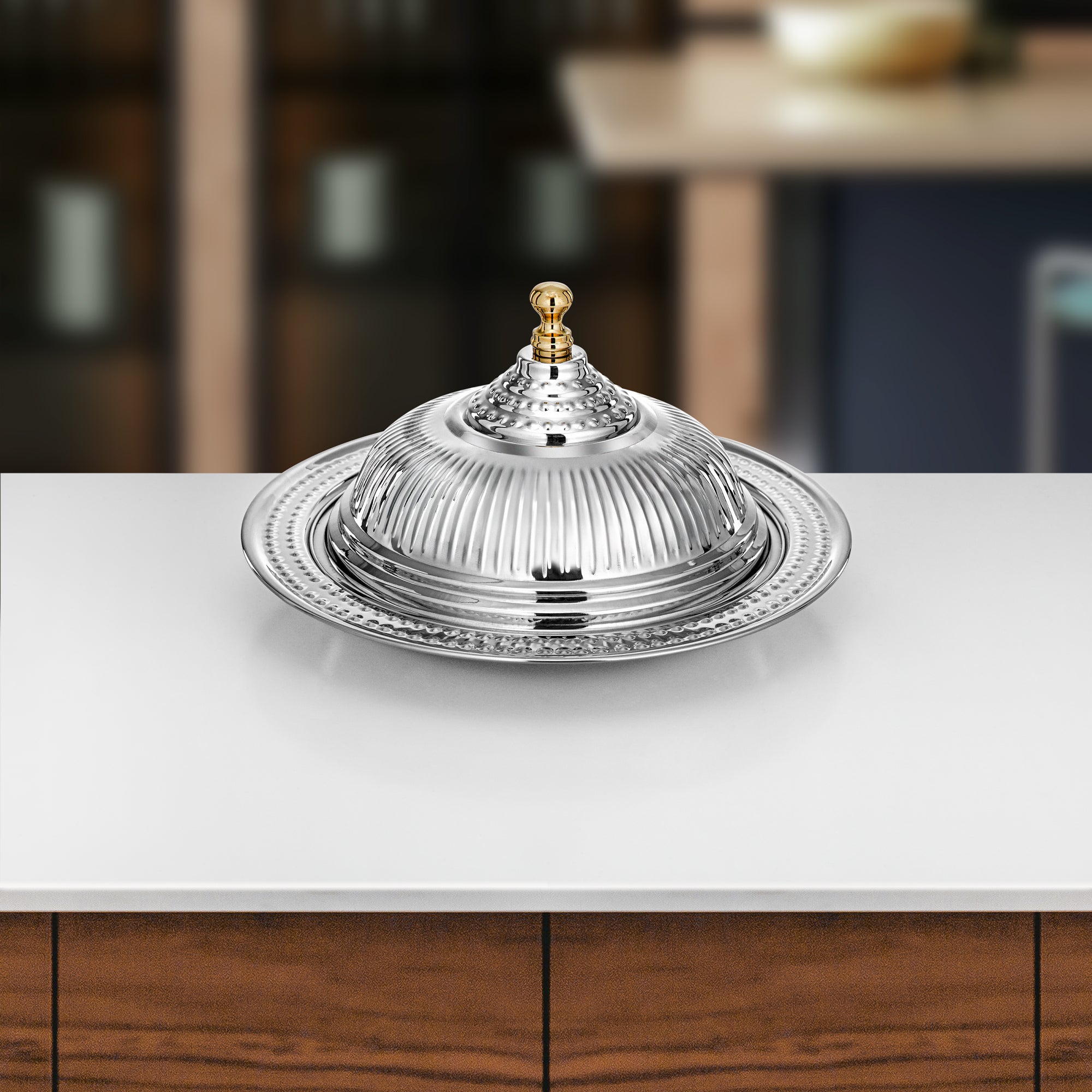 صينية الديوان المرجان مع غطاء، ٣٥ سم، فضية