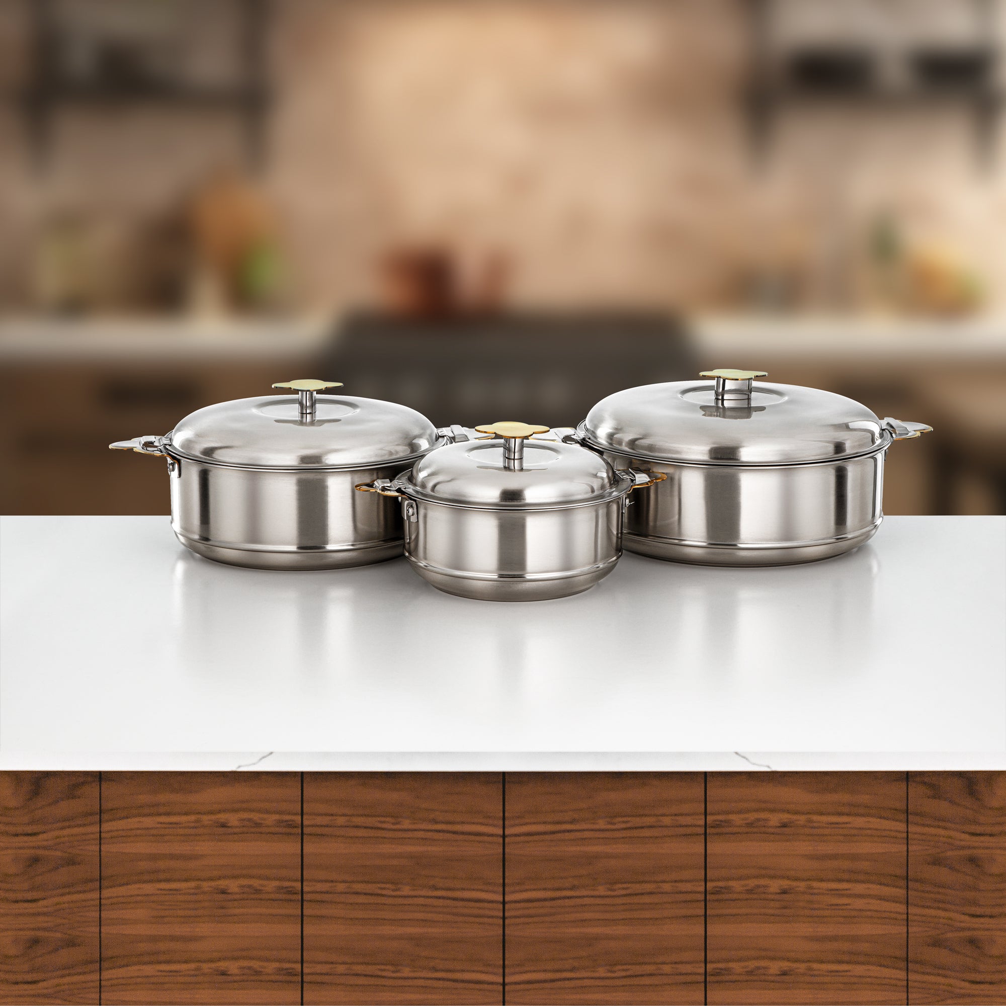 Almarjan Vida Hot Pot Set 3 Pieces 1.5L, 2.5L & 3.5L Matt Silver & Gold