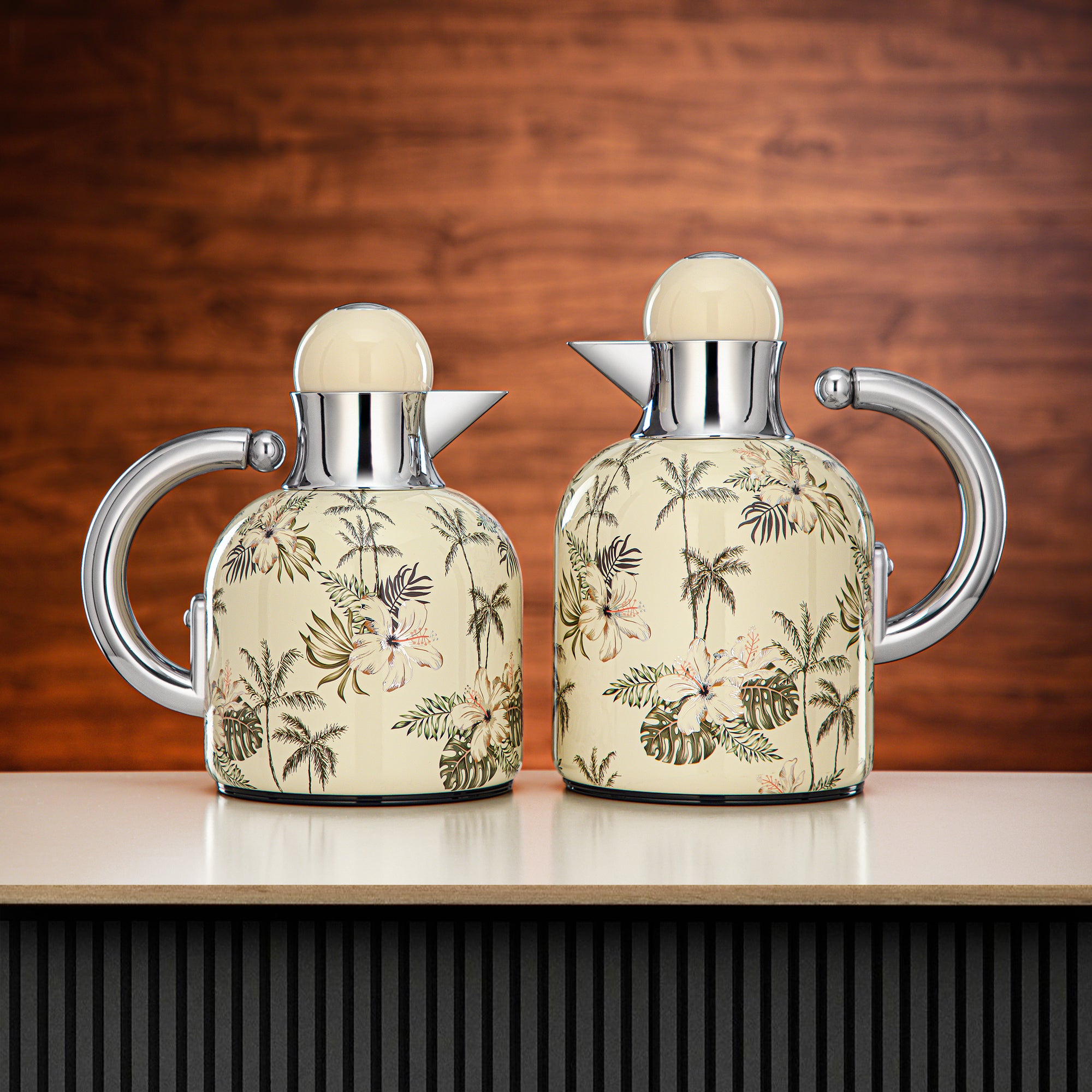 Almarjan Vacuum Flask Set 0.6L + 1L Beige & Palm Tree Pattern
